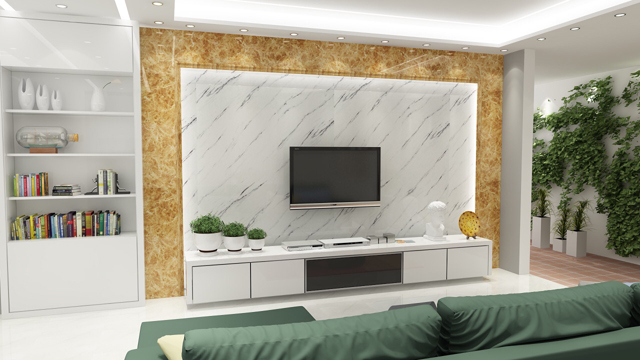 Vách tivi PVC vân đá tông sáng giúp chung cư hiện đại, gọn gàng, thoáng rộng.