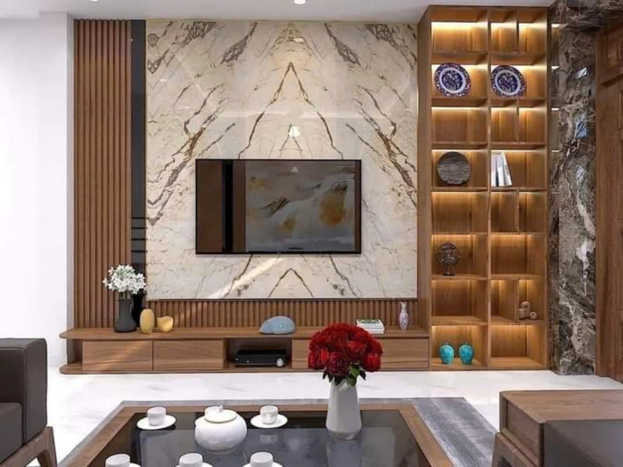 Vách tivi PVC vân đá full trần tạo hiệu ứng cao cấp, sang trọng.