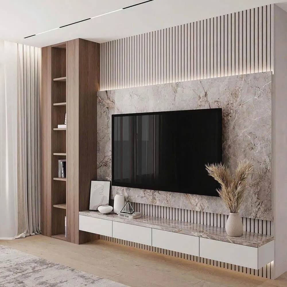 Vách tivi PVC vân đá giúp phòng ngủ thêm ấm cúng, tinh tế và thư giãn.